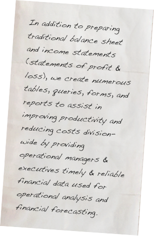 In addition to preparing traditional balance sheet and income statements (statements of profit & loss), we create numerous tables, queries, forms, and reports to assist in improving productivity and reducing costs division-wide by providing operational managers & executives timely & reliable financial data used for operational analysis and financial forecasting.